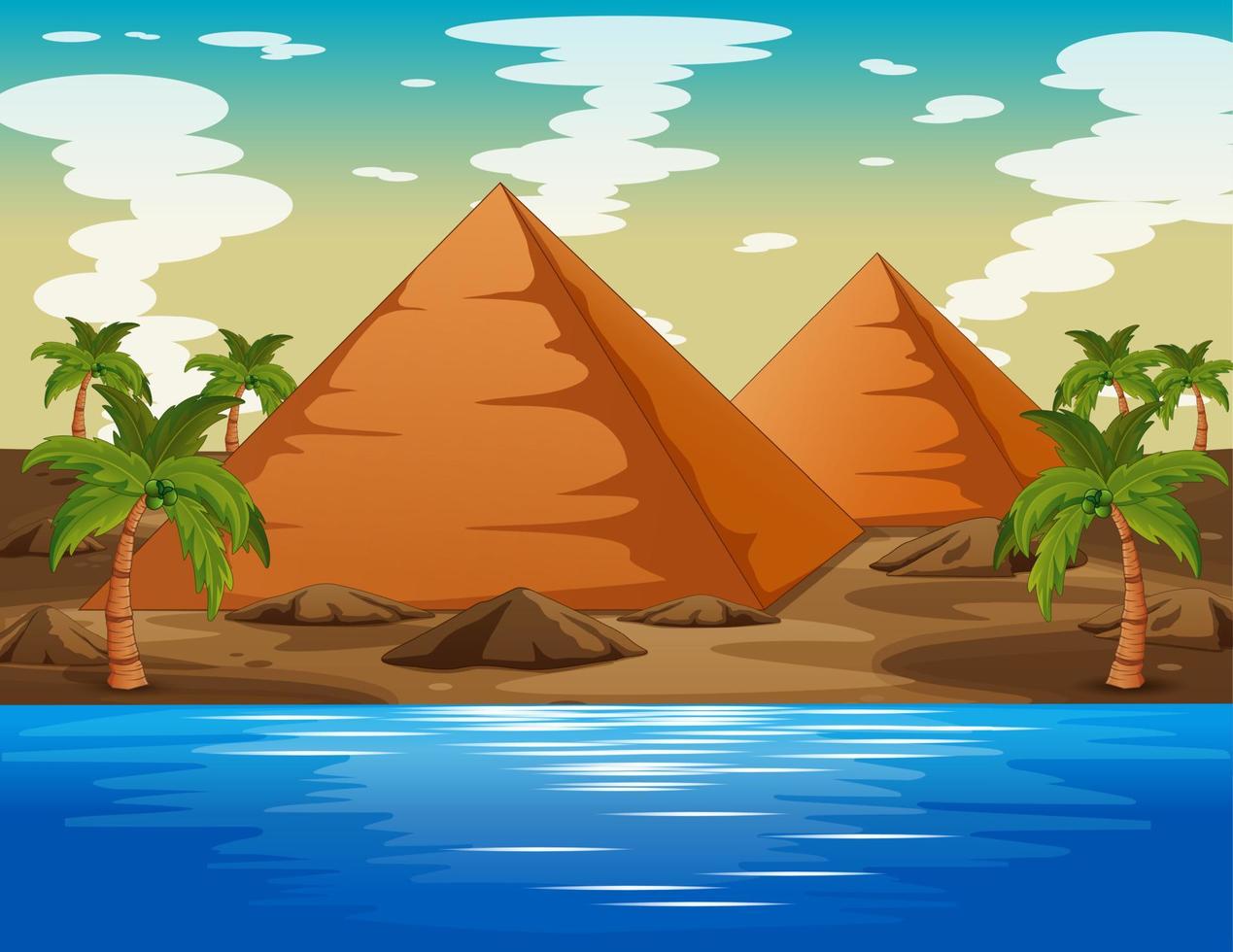 arrière-plan d'un paysage désertique avec pyramide et lac vecteur