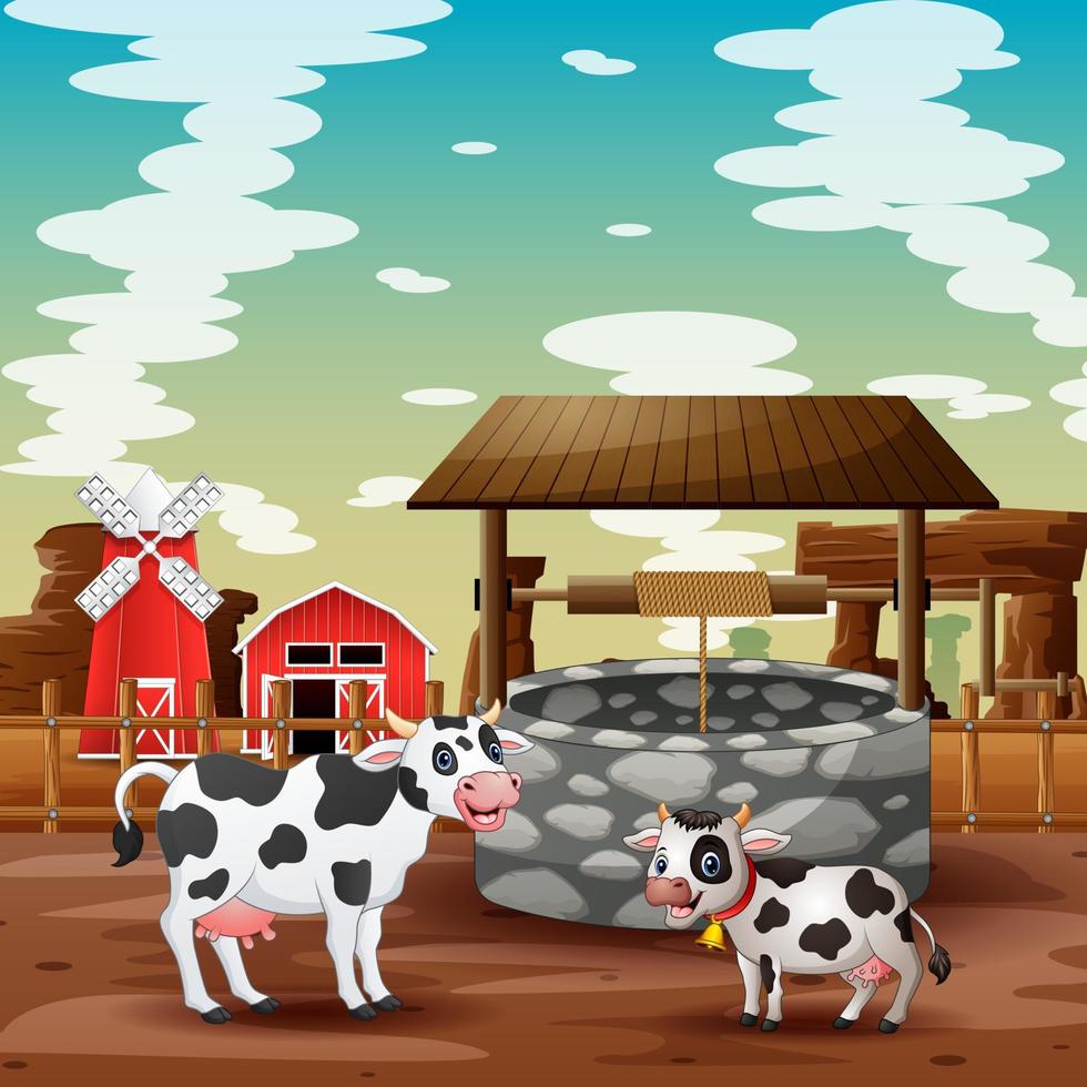 dessin animé vache et veau avec fond de ferme vecteur