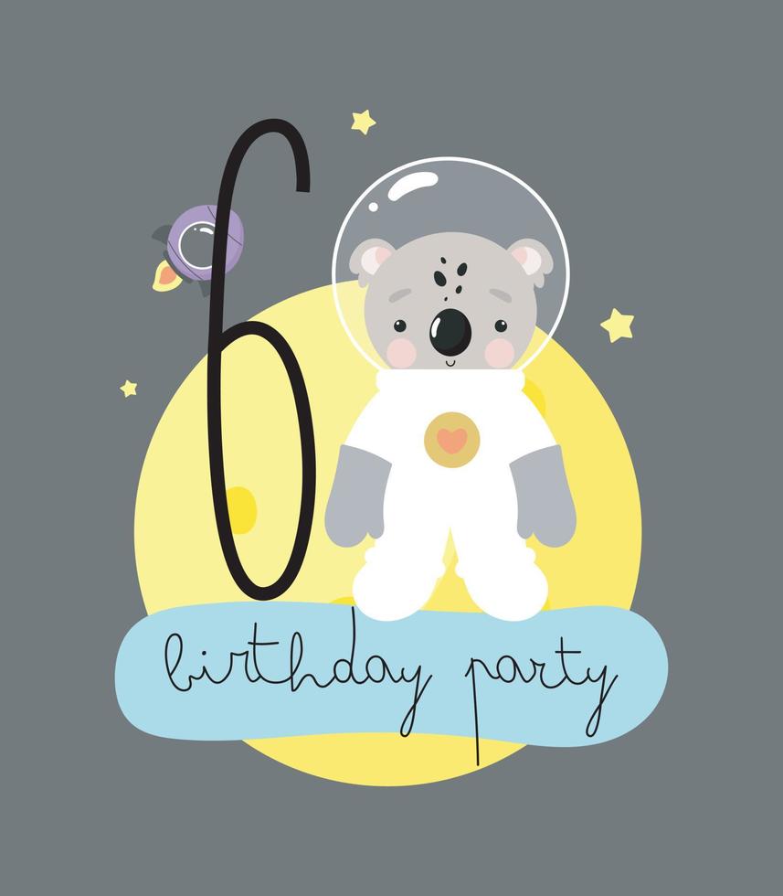 fête d'anniversaire, carte de voeux, invitation à une fête. illustration pour enfants avec un joli koala cosmonaute et une inscription six. illustration vectorielle en style cartoon. vecteur