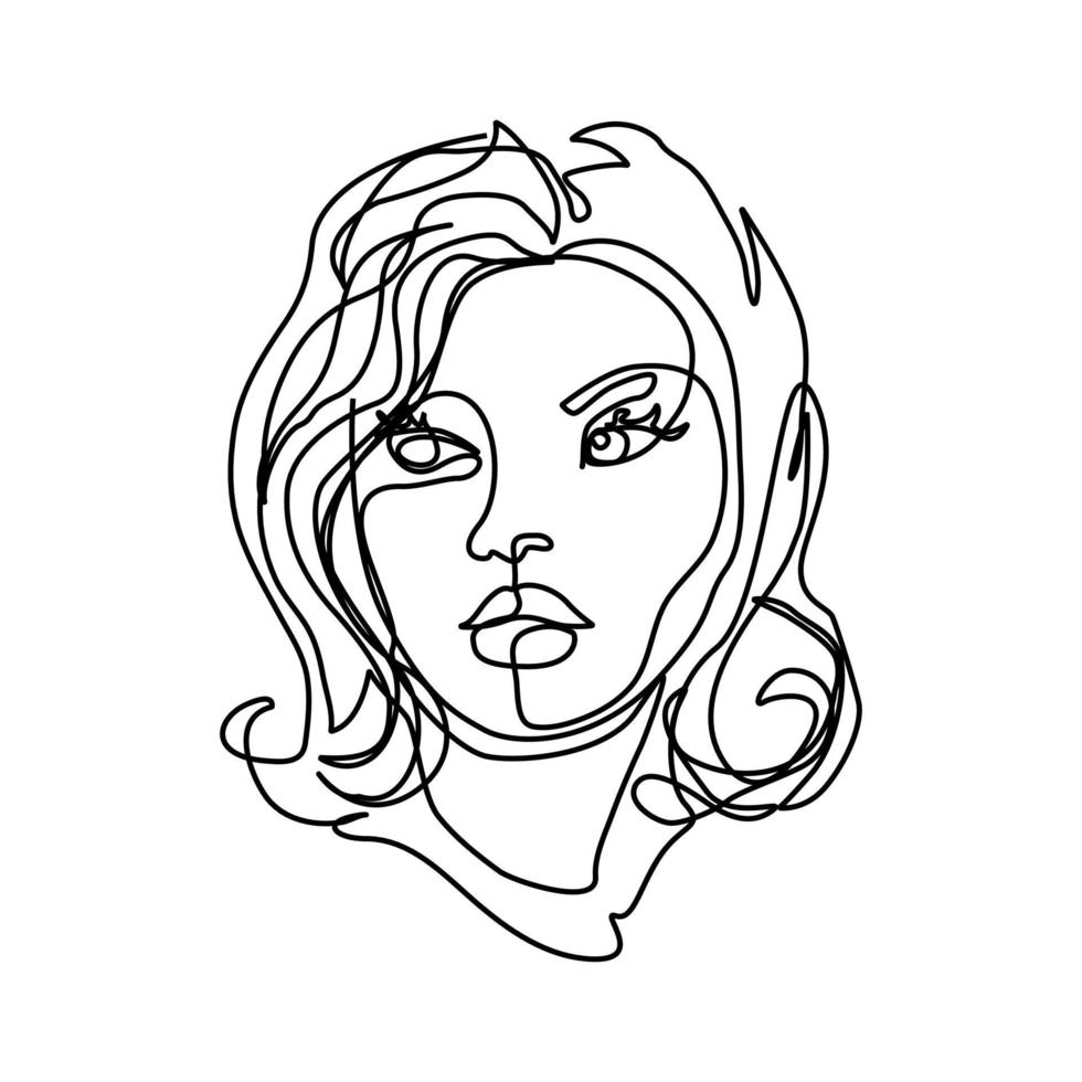 visage élégant d'une femme aux cheveux longs modèle de conception de carte dessin au trait continu vecteur
