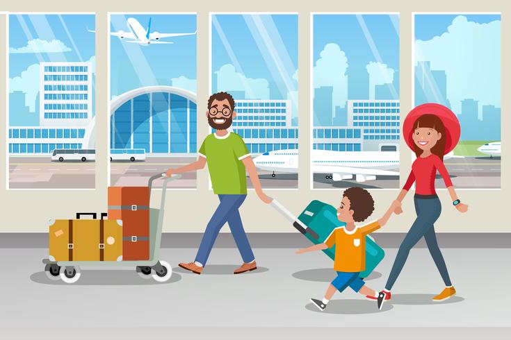 Heureuse famille transportant des bagages à l&#39;aéroport vecteur
