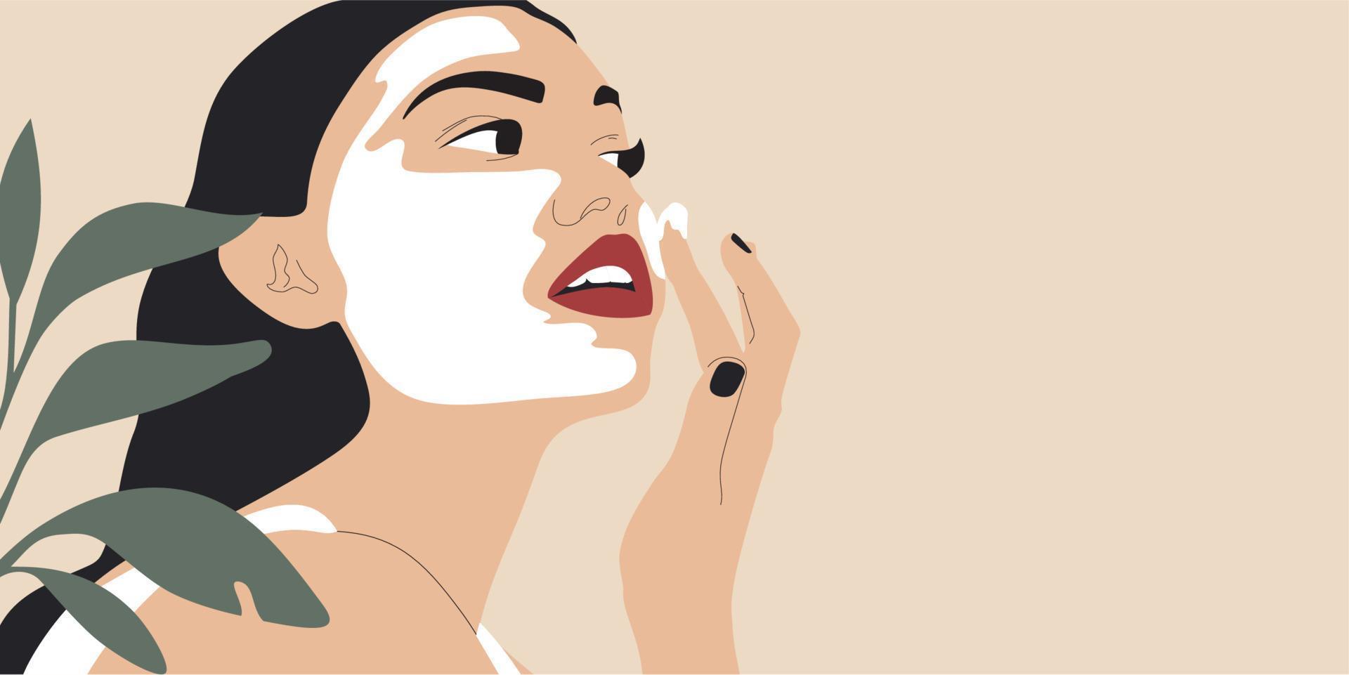 belle jeune femme appliquant un produit cosmétique. visage de femme et plante verte. bannière de soins de la peau. routine de soins de la peau, application de masque et cosmétiques. illustration de concept de vecteur. vecteur