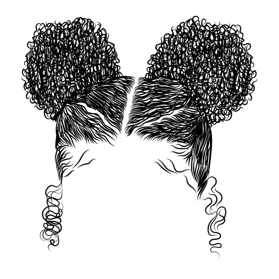 illustration de fille de beauté bouclée isolée sur fond clair. doubles chignons aux cheveux longs vecteur