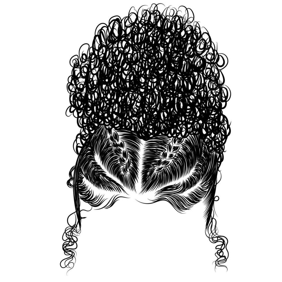 illustration de fille de beauté bouclée isolée sur fond clair. chignons aux cheveux longs. vecteur