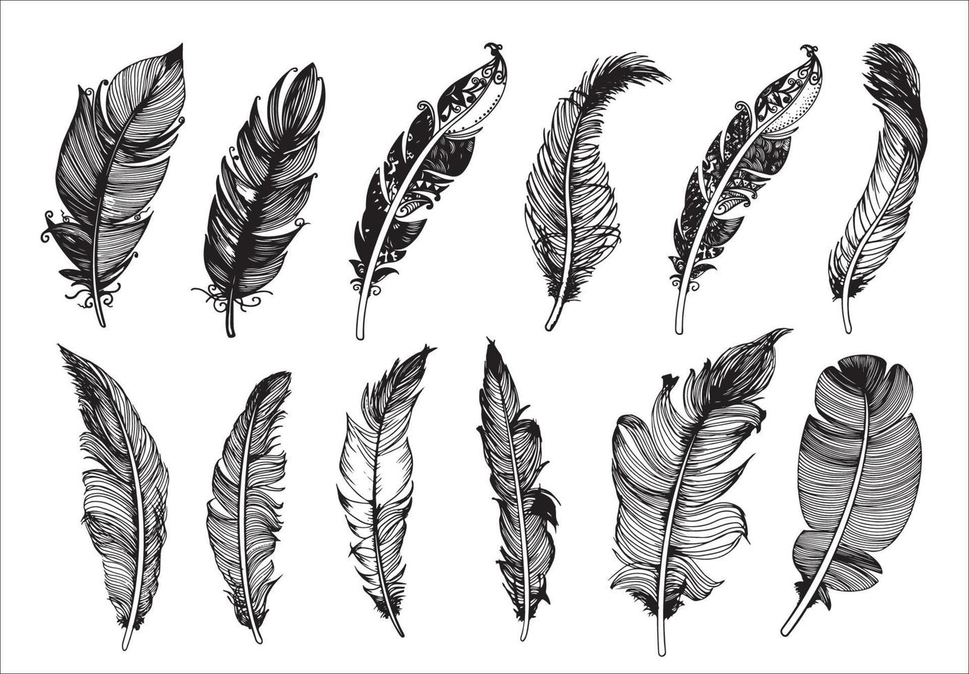 ensemble de plumes vintage dessinés à la main. illustration vectorielle. vecteur