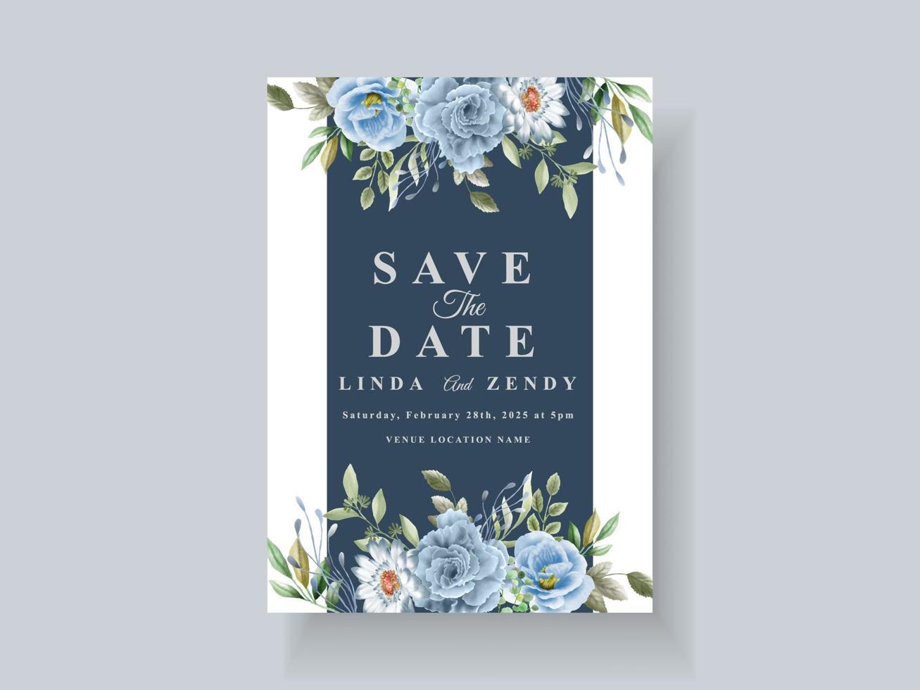 modèle de carte d'invitation de mariage de belles fleurs bleues vecteur