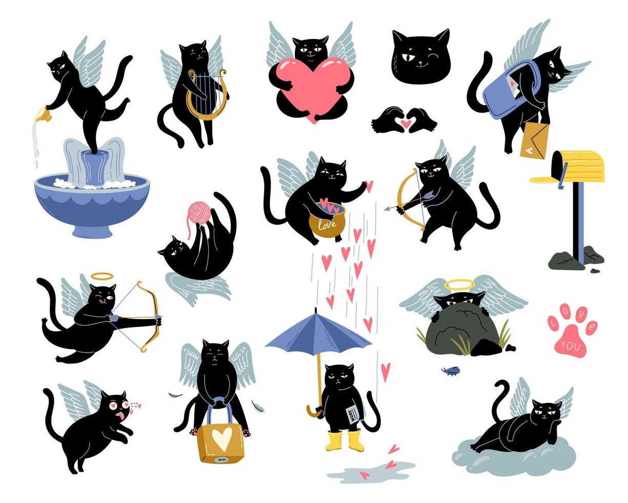 ensemble mignon de cupidon de chats noirs. coeurs, ailes. collection d'amour. vecteur