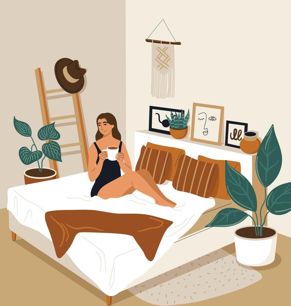 une femme heureuse s'est réveillée le matin et boit du café. fille de dessin animé se réveillant dans la chambre. illustration vectorielle de l'intérieur vecteur