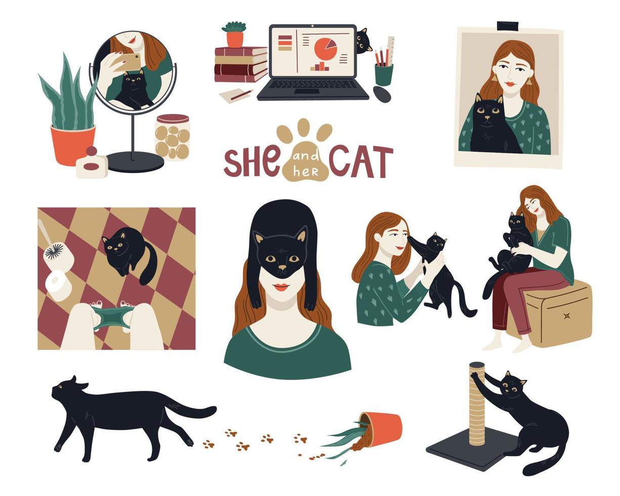 collection vectorielle de vie d'animaux de compagnie avec une fille et un chat noir. ensemble de portraits de propriétaires d'animaux heureux et d'animaux domestiques mignons. personnage de dessin animé vecteur