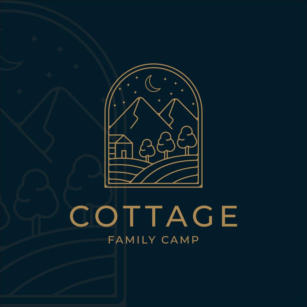 conception d'illustration de logo vectoriel simple minimaliste d'art de ligne de chalet ou de cabine. insigne chalet à la forêt de montagne dans la nuit dessin au trait logo concept minimaliste simple icône illustration vecteur conception