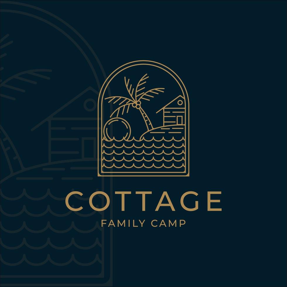 dessin au trait cottage ou cabine dessin d'illustration de logo vectoriel minimaliste simple. insigne chalet à la plage et palmier camp familial dessin au trait logo vectoriel minimaliste concept icône conception simple