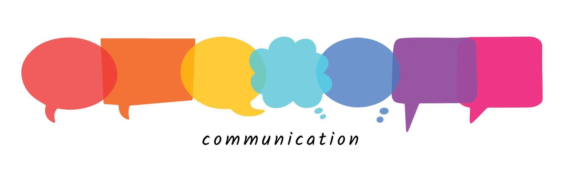 notion de communication. bulles de dialogue collection d'icônes dessinées à la main. ensemble de vecteurs isolés de boîtes de dialogue transparentes colorées arc-en-ciel simples vecteur