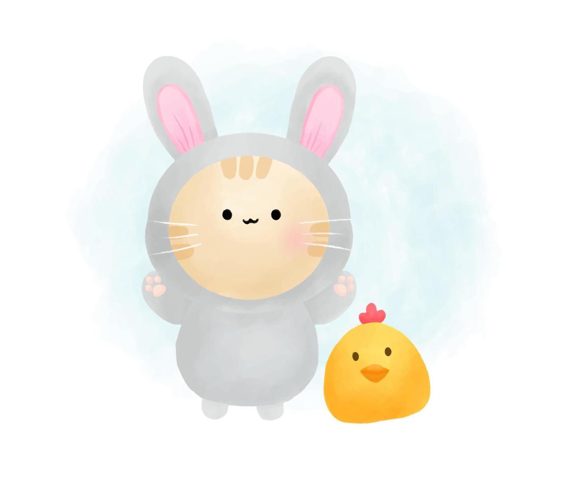 chat mignon portant un costume de lapin dans un style aquarelle avec des poussins vecteur