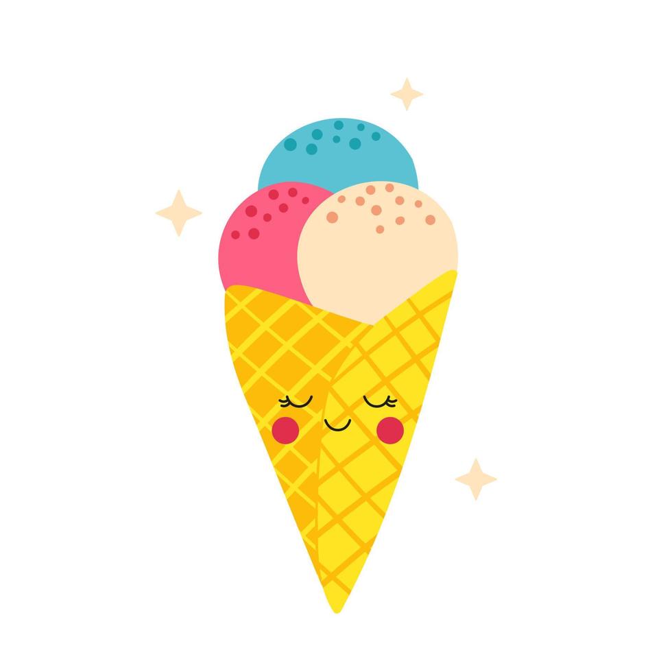 adorable cône de gaufre à la crème glacée avec des boules de différentes saveurs. illustration vectorielle vecteur