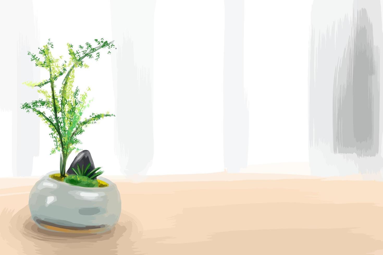 pot de plante verte en céramique rétro jardin chinois avec fond d'espace négatif pour affiche ou bannière. illustration vectorielle peinte à la main vecteur