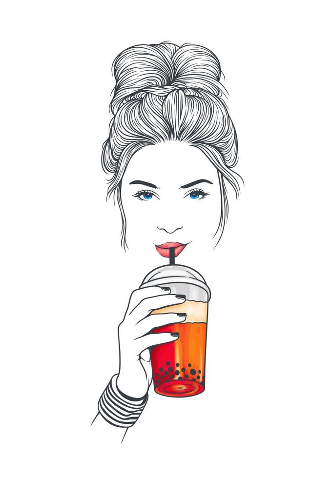 jolie femme avec une coiffure chignon en désordre. boire du thé à bulles boba. illustration d'art de ligne vectorielle dessinée à la main sur fond blanc vecteur