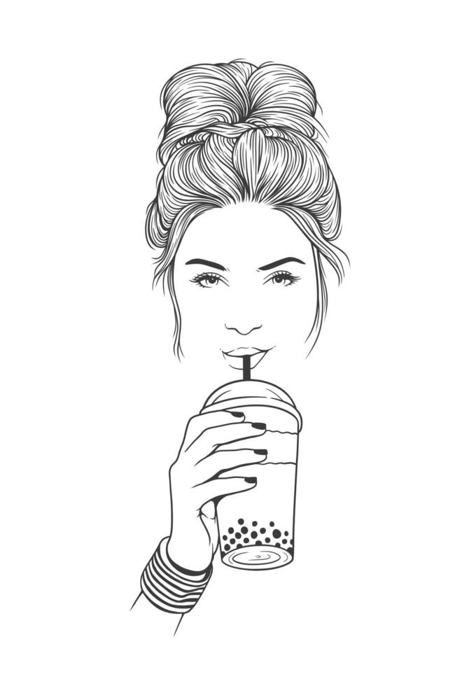 jolie femme avec une coiffure chignon en désordre. boire du thé à bulles boba. main a dessiné une illustration d'art de ligne vectorielle en noir et blanc sur fond blanc vecteur