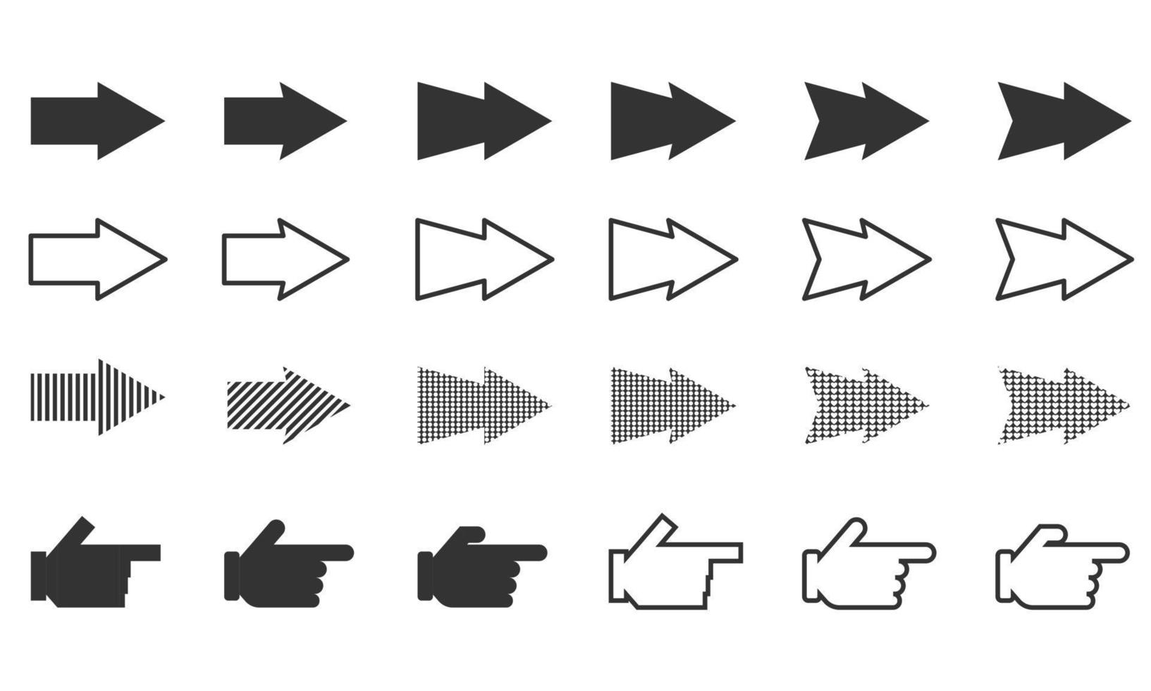 ensemble d'icônes de différents styles de flèches et de mains directionnelles vecteur
