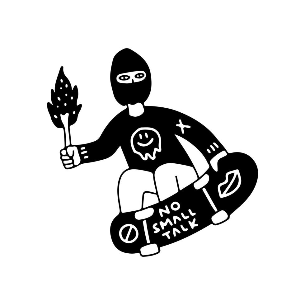 homme portant un masque de voleur faisant du skateboard et tenant une torche, illustration pour t-shirt, autocollant ou marchandise vestimentaire. avec un style doodle, rétro et dessin animé. vecteur