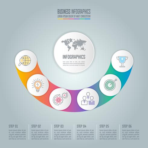 Concept d&#39;entreprise de conception d&#39;infographie courbe avec 6 options, pièces ou processus. vecteur