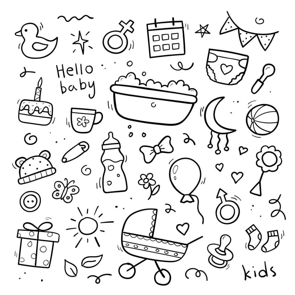 ensemble dessiné à la main doodle bébé et nouveau-né. style de croquis. poussette, couche, tétine, hochet, biberon, ballon. illustration vectorielle. vecteur