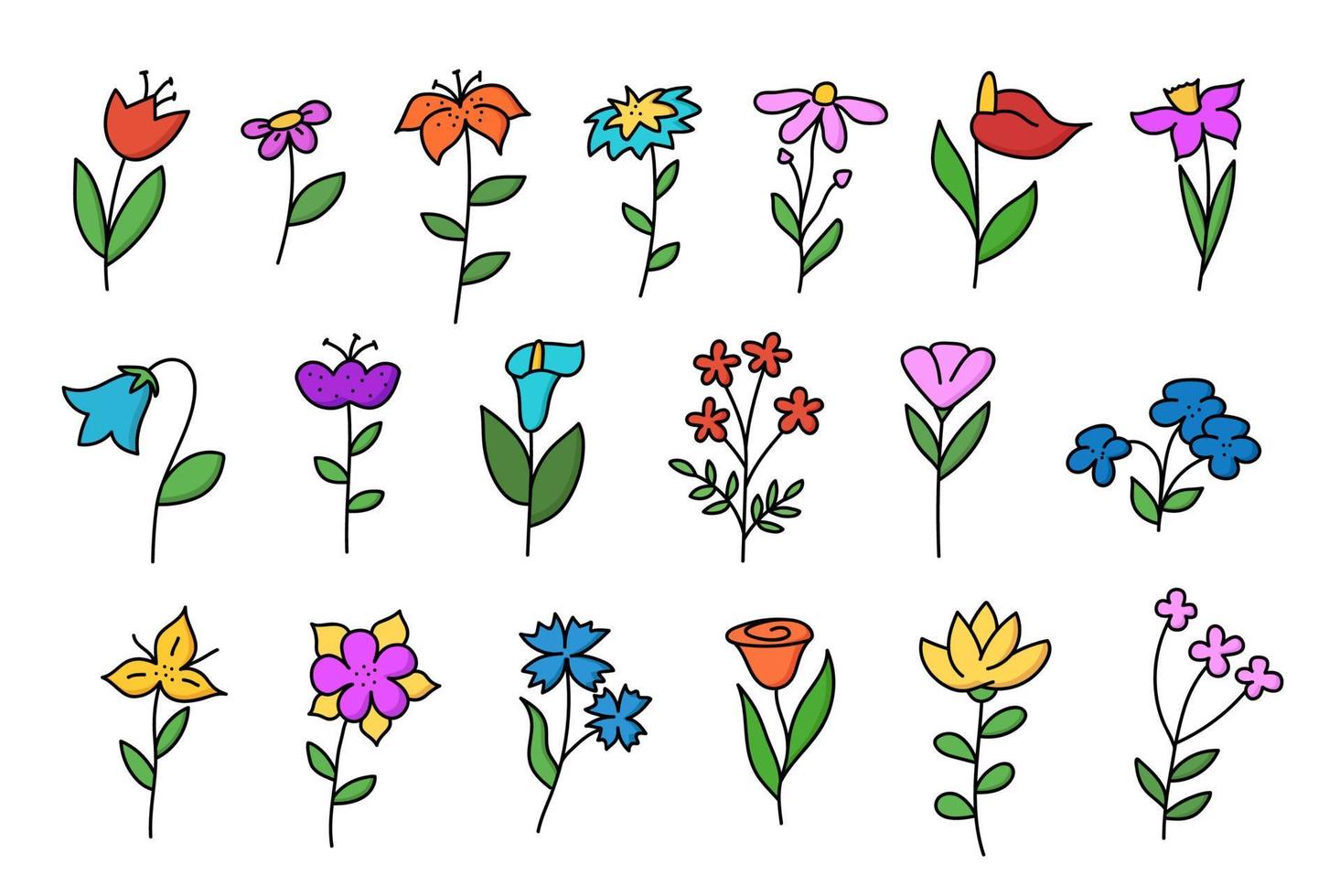 grand ensemble de fleurs de doodle. tulipe, camomille, lys, bleuet et autres dessinés à la main en couleur. illustration vectorielle isolée sur fond blanc. vecteur