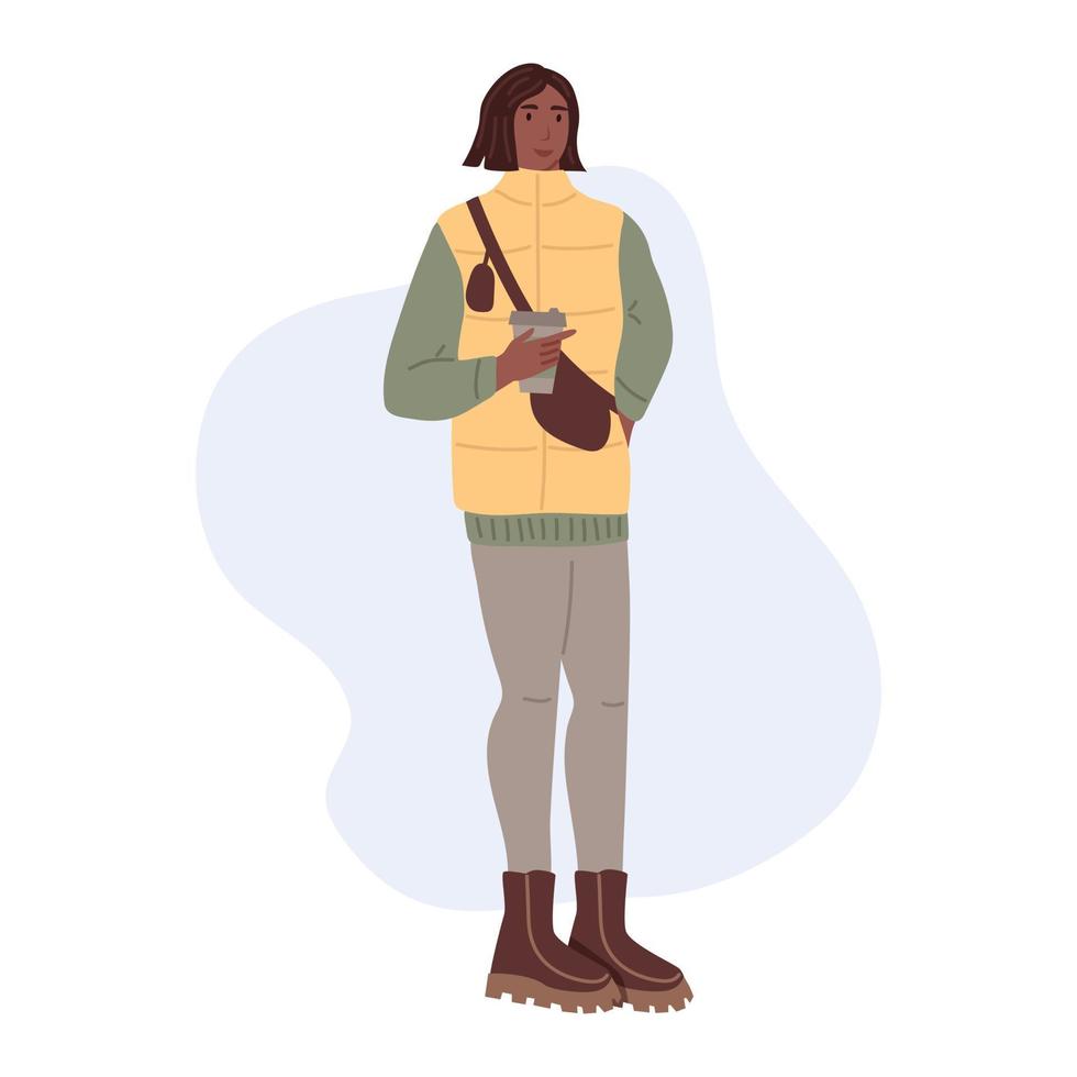 une jeune femme en vêtements d'hiver. fille de style de rue. des gens élégants dans des vêtements à la mode. illustration vectorielle plane vecteur