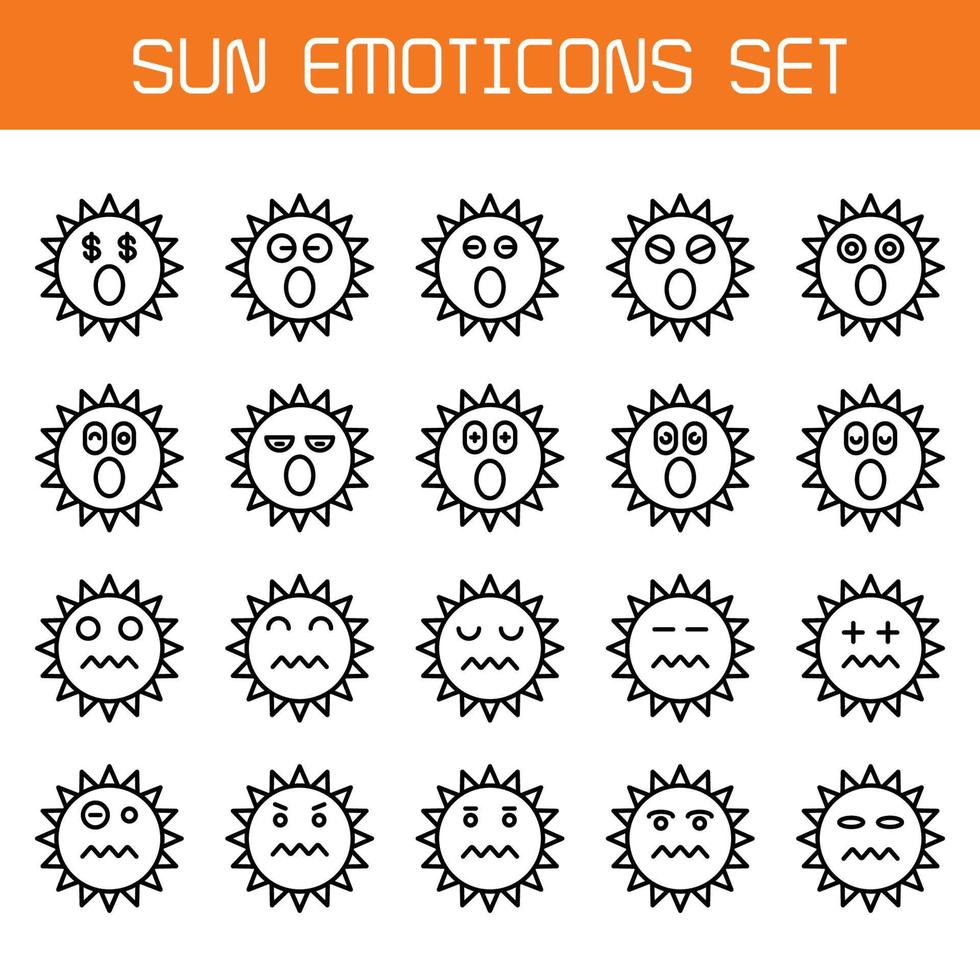 illustration de l'ensemble d'icônes d'émoticônes de soleil étonné et agacé vecteur