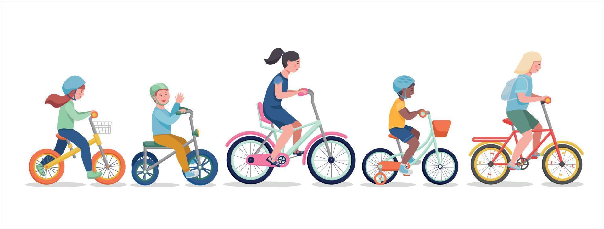 enfants faisant du vélo. illustration d'un groupe d'enfants faisant du vélo sur des vélos vecteur