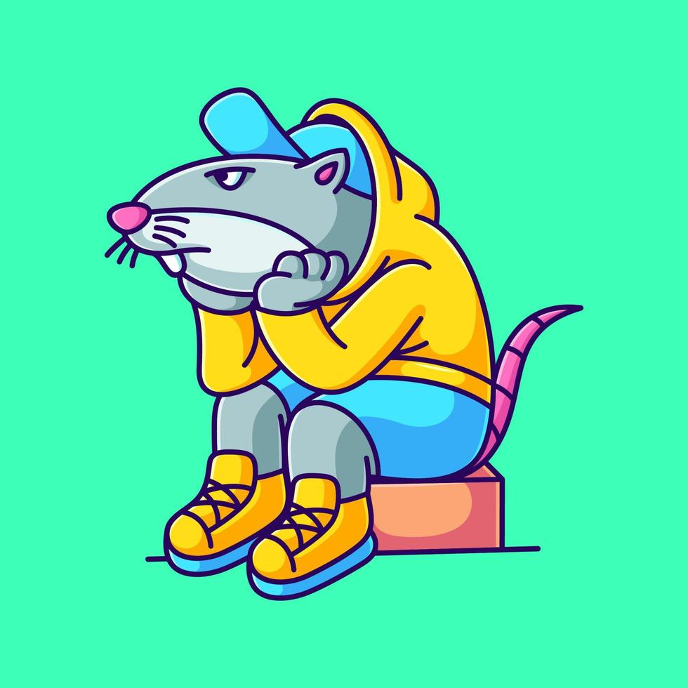 souris ennuyée assise sur une illustration vectorielle de boîte. souris de dessin animé portant des vêtements vecteur