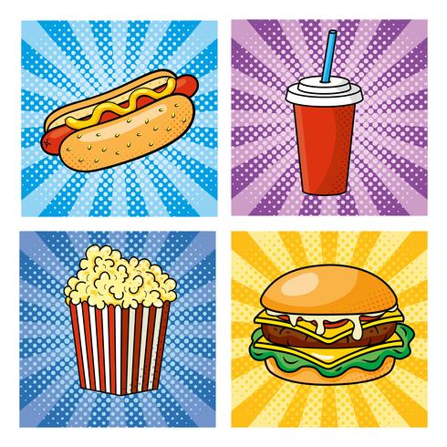 ensemble de fast-food pop art avec hot-dog, soda et hamburger vecteur