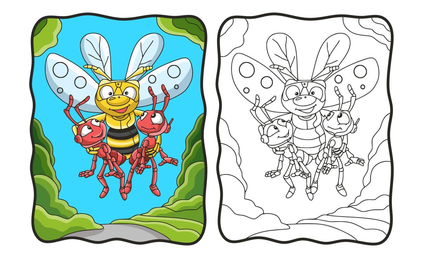 illustration de dessin animé les abeilles volantes transportent 2 fourmis livre de coloriage ou page pour les enfants vecteur