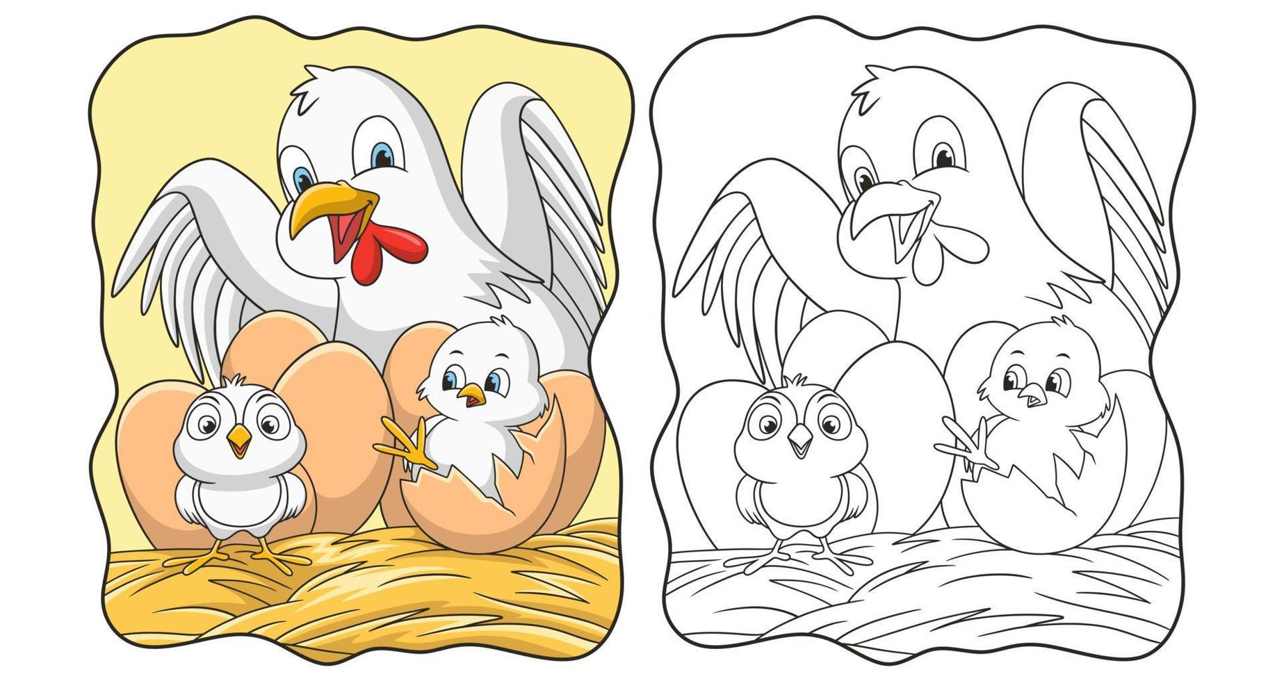 poule d'illustration de dessin animé qui incube son livre ou page d'oeufs pour les enfants vecteur