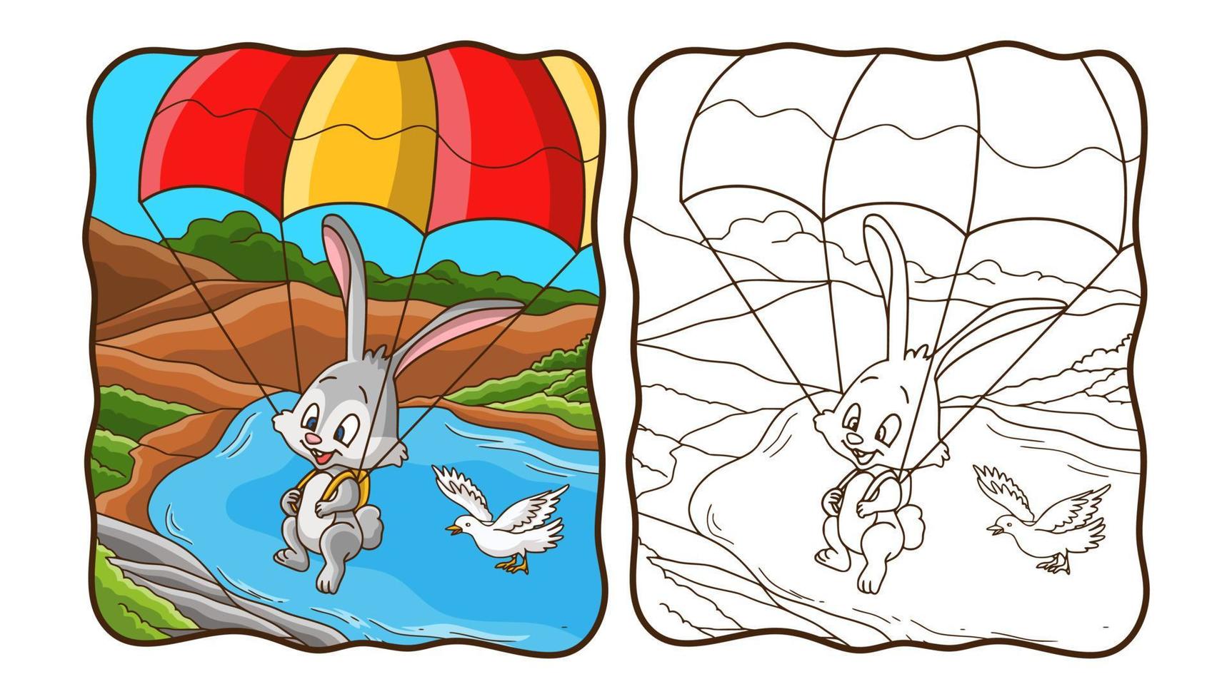 illustration de dessin animé lapin parachutisme avec un livre de coloriage de colombe ou une page pour les enfants vecteur