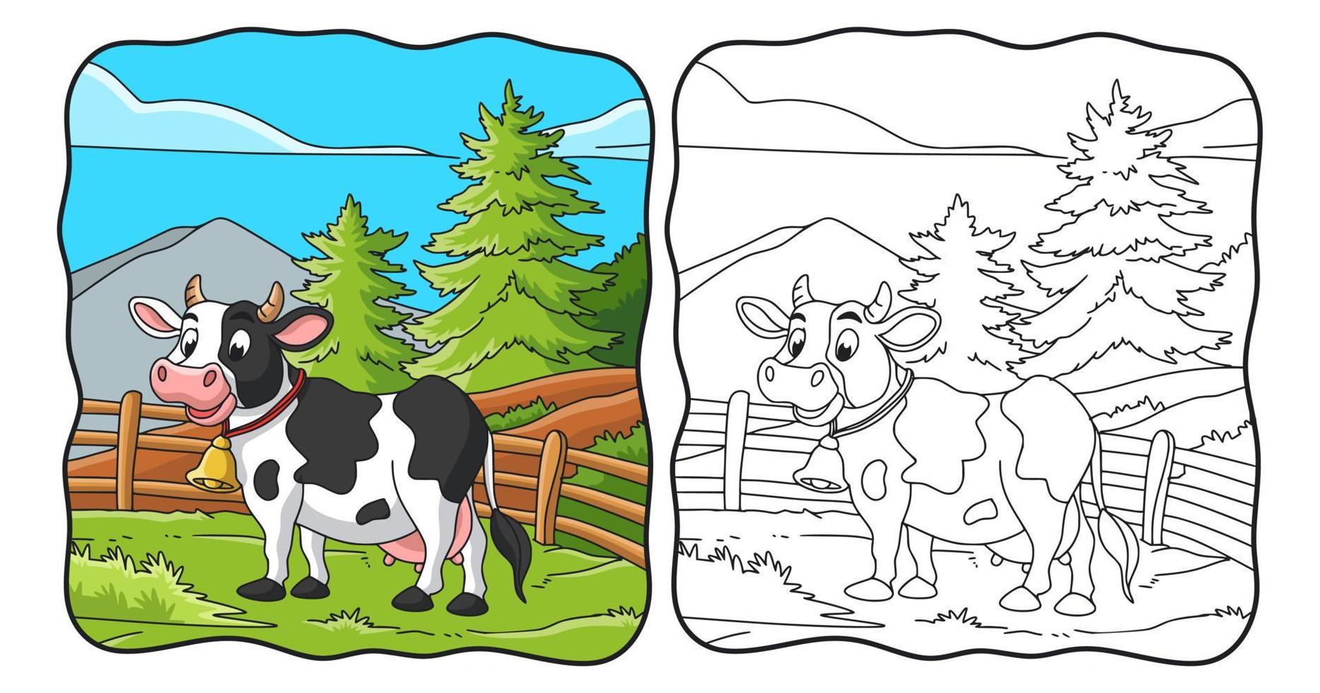 illustration de dessin animé la vache est dans le livre ou la page de prairie pour les enfants vecteur