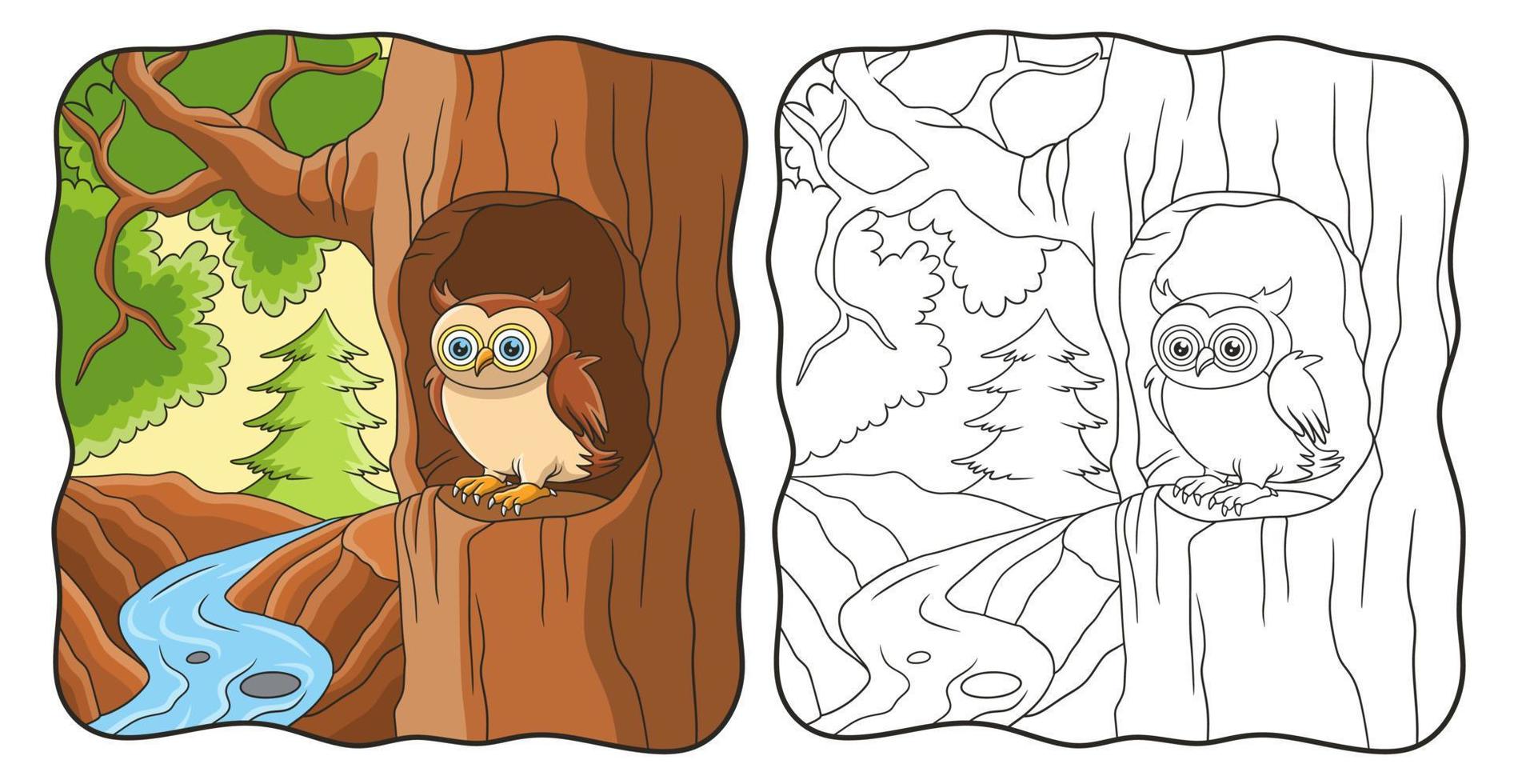 hibou d'illustration de dessin animé est devant son livre de maison ou sa page pour les enfants vecteur