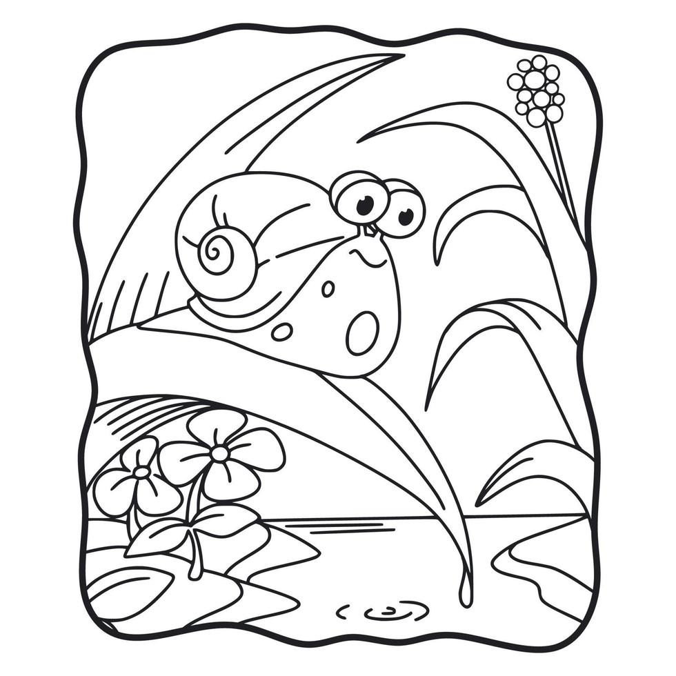 dessin animé illustration escargot marchant sur des feuilles d'arbres livre de coloriage ou page pour enfants noir et blanc vecteur