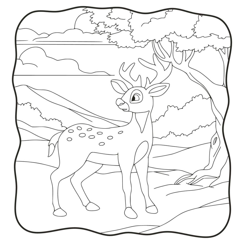 illustration de dessin animé cerf marchant sous le livre ou la page des arbres forestiers pour les enfants en noir et blanc vecteur