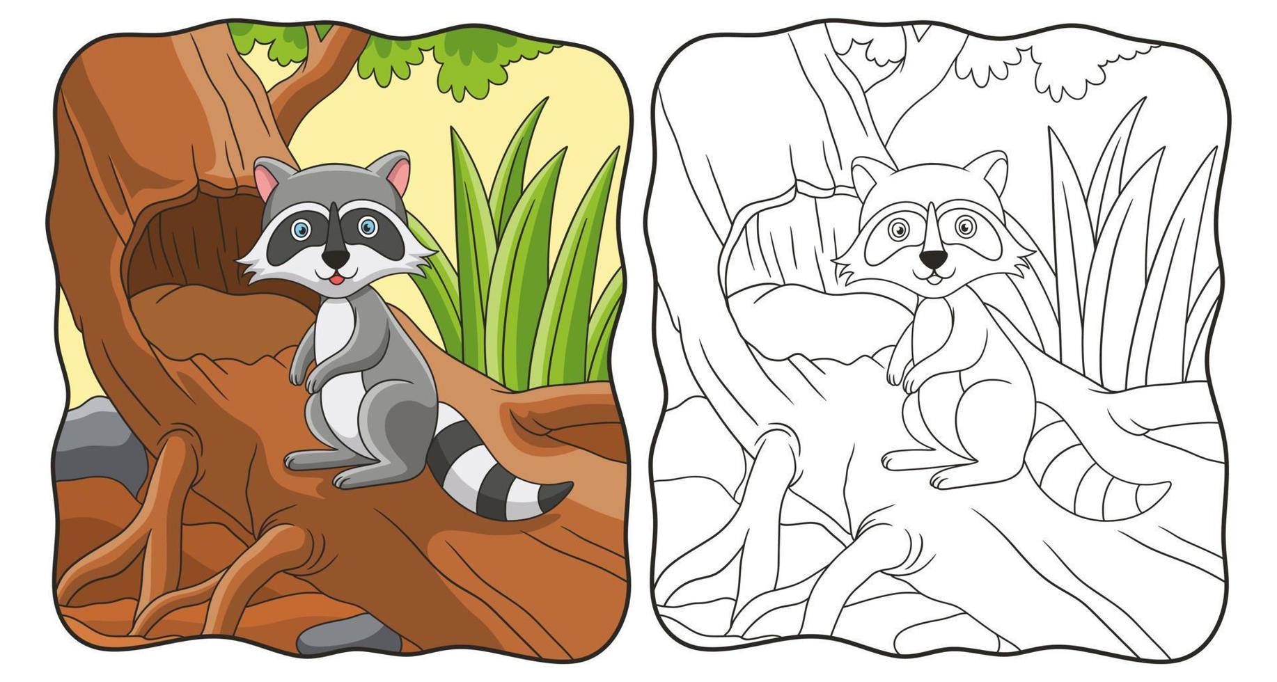 raton laveur d'illustration de dessin animé debout sur un grand livre d'arbre ou une page pour les enfants vecteur