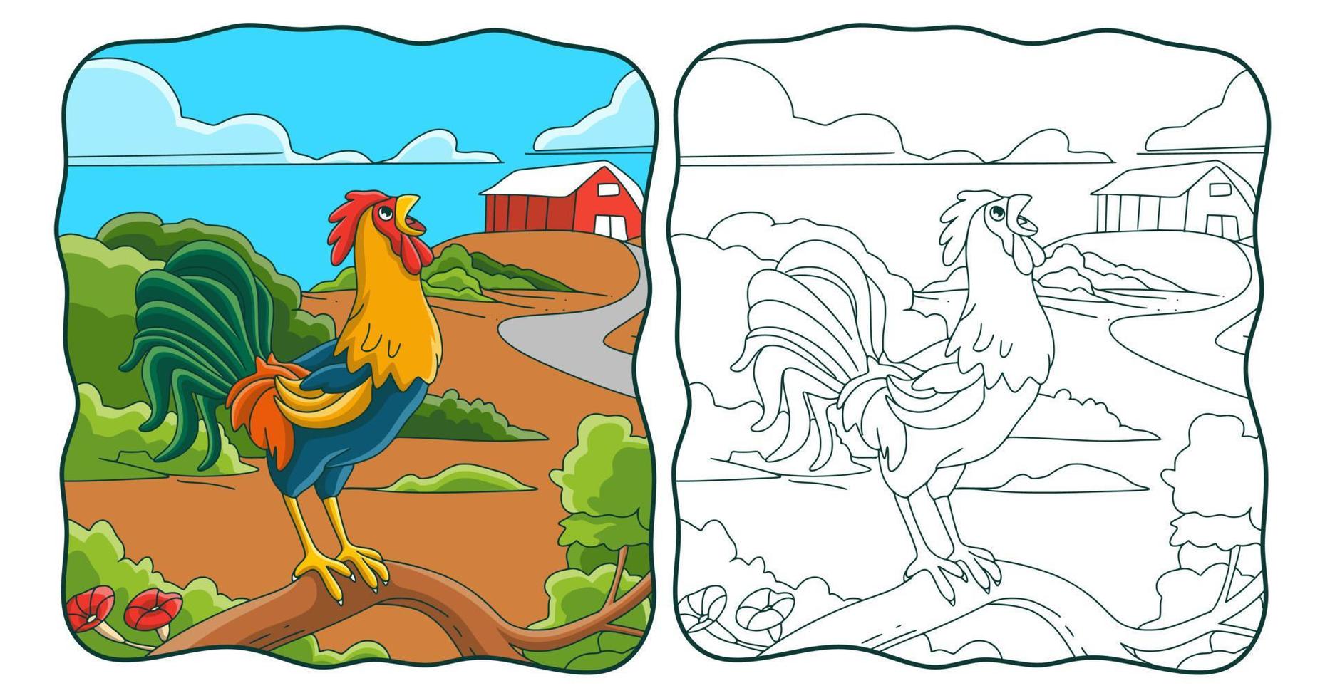 illustration de dessin animé le coq chante sur le tronc d'arbre livre ou page pour les enfants vecteur