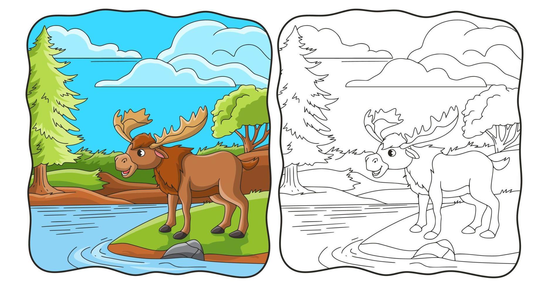 illustration de dessin animé grand cerf sur la rive du fleuve livre ou page pour les enfants vecteur