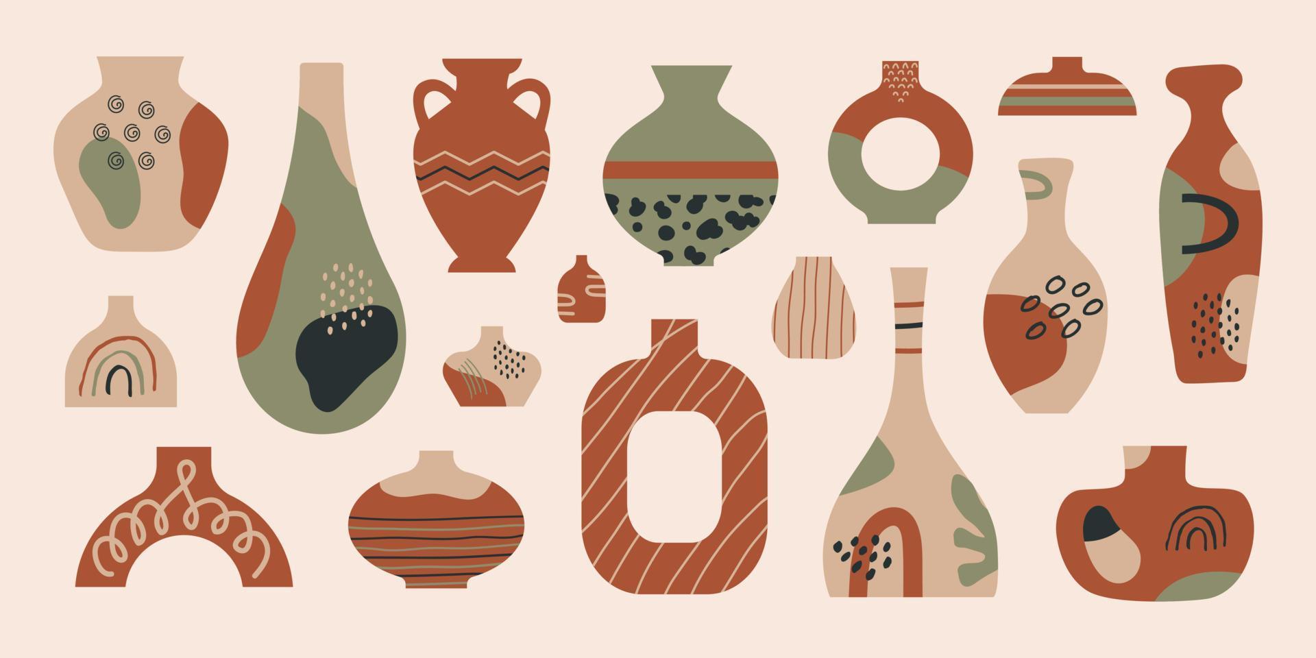 vases en céramique de collection moderne avec diverses formes et lignes abstraites de griffonnage. poterie en céramique antique minimaliste pour l'intérieur. illustration vectorielle vecteur