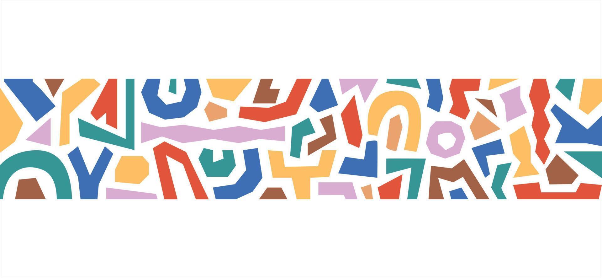 bordure abstraite moderne avec diverses formes géométriques colorées isolées sur fond blanc. motif horizontal minimaliste dessiné à la main. conception de vecteur