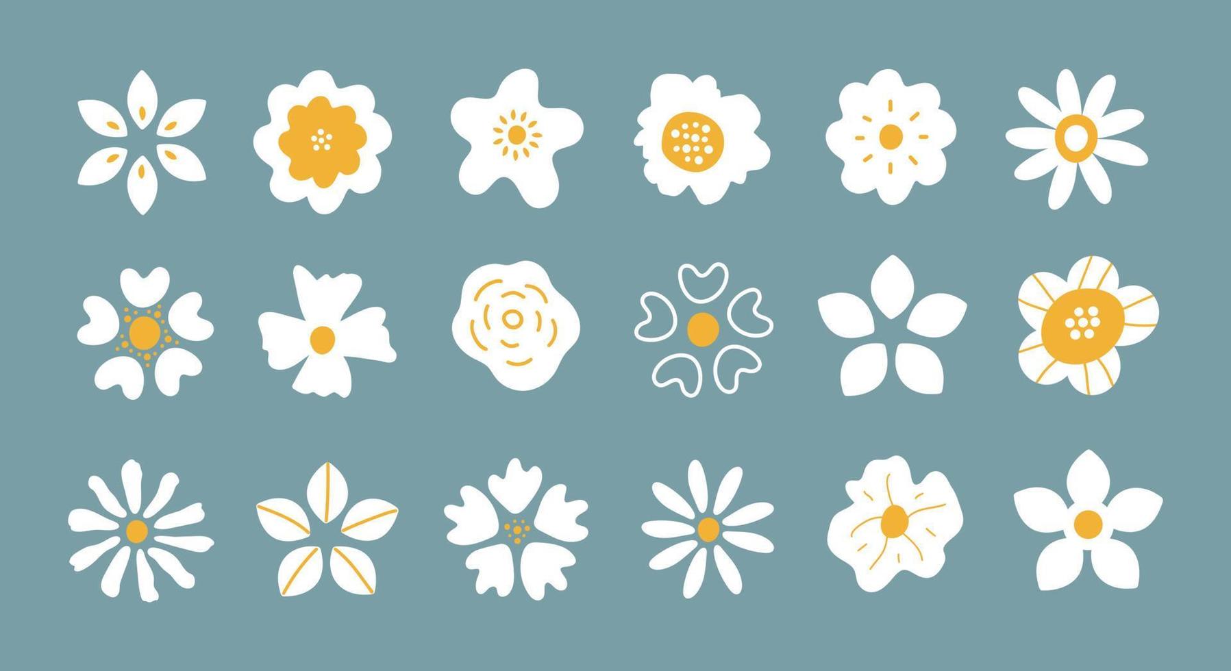 ensemble vectoriel de pétales de fleurs blanches simples dessinés à la main isolés sur fond bleu. collection de plantes à tête de fleur ronde élégante. design tendance pour logo, impression, affiche, médias sociaux