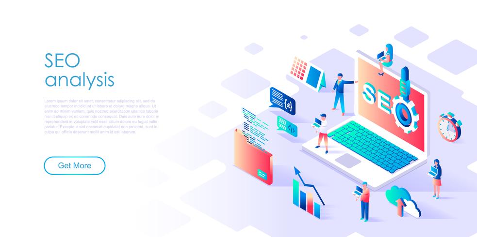 Concept isométrique d&#39;analyse de référencement pour bannière et site Web vecteur