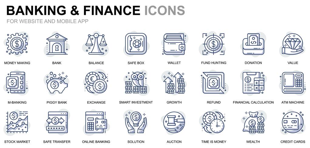 Icônes de lignes bancaires et financières vecteur