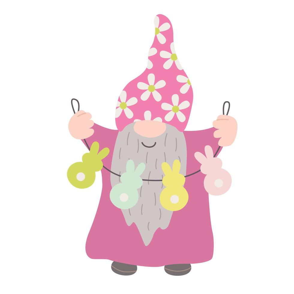 gnome drôle de pâques avec guirlande. illustration plate dessinée à la main. idéal pour les cartes de vœux. vecteur