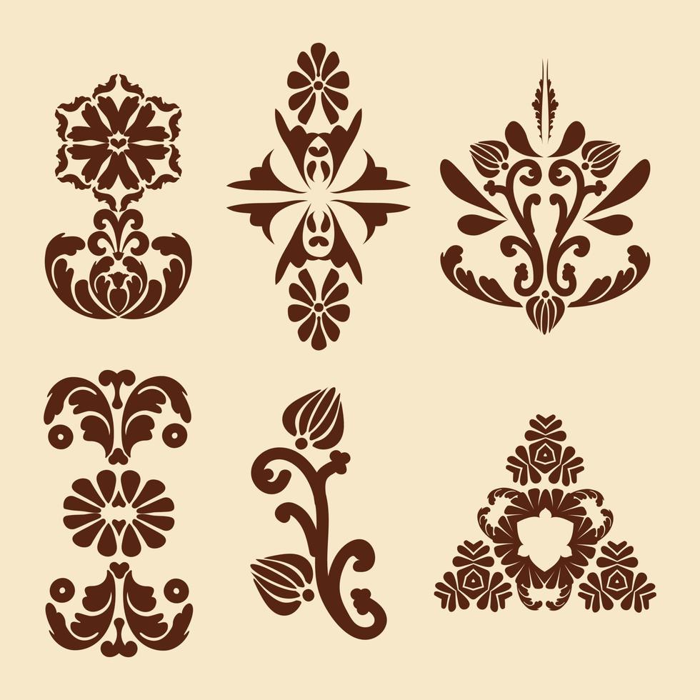 décorations vintage pour la peinture de fleurs. motif mehndi. motifs damassés. couleur marron, beige. pour la conception de mur, de menus, d'invitations de mariage ou d'étiquettes, pour la découpe laser, la marqueterie. vecteur