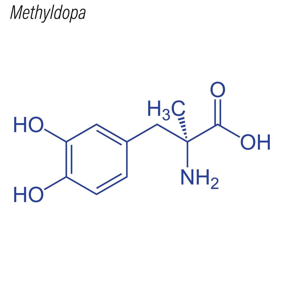 formule squelettique vectorielle de la méthyldopa. molécule chimique du médicament. vecteur