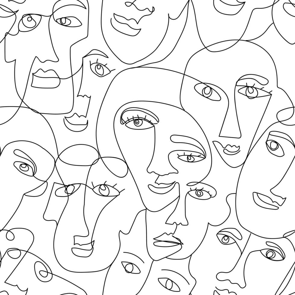 modèle sans couture de visages abstraits dessinés à la main d'hommes et de femmes dans le style d'art en ligne. dessin noir et blanc de minimalisme moderne. vecteur